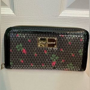 EUC BETSY JOHNSON WALLET BLACK WITH RED ROSES AND CLEAR SEQUINS
